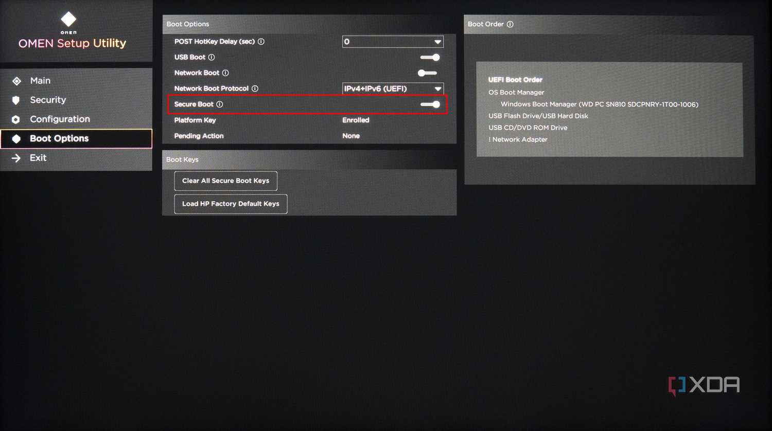 Screenshot of an HP Omen BIOS with Secure Boot enabled