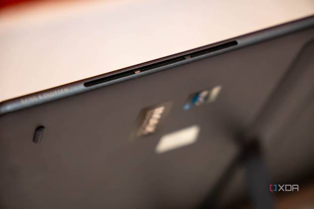 Close up of speakers on a tablet with words Bang and Olufsen