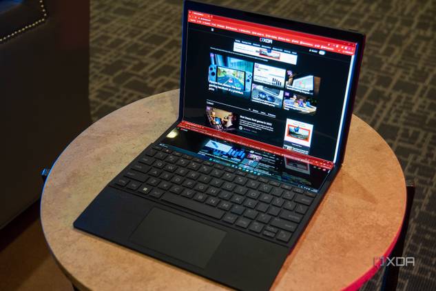 HP Spectre Foldable with keyboard docked and slid down halfway