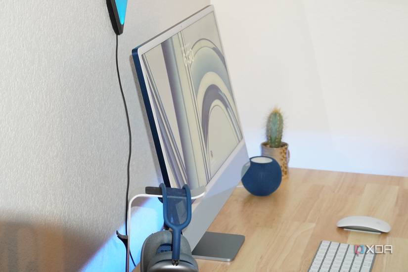 An iMac setup from the side view.