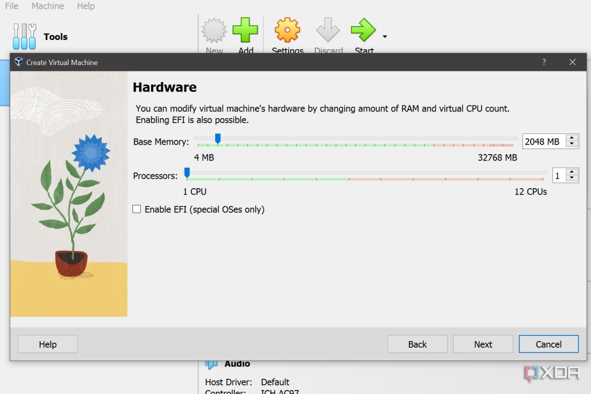Снимок экрана VirtualBox, на котором показаны настройки выделения оборудования, которые появляются при создании новой виртуальной машины.