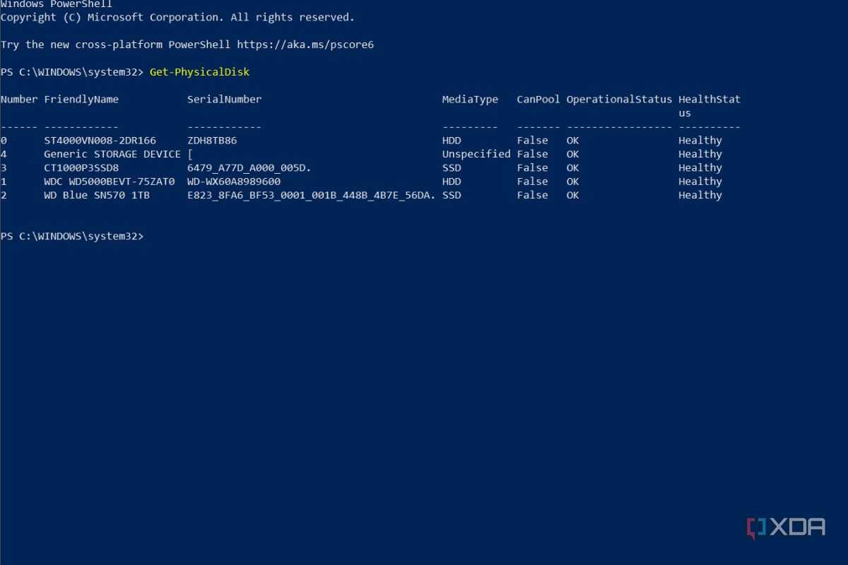 A screenshot of Windows Powershell with the Get-PhysicalDisk command