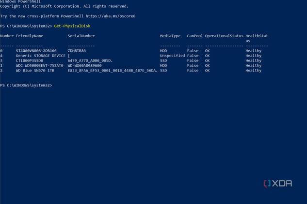 A screenshot of Windows Powershell with the Get-PhysicalDisk command