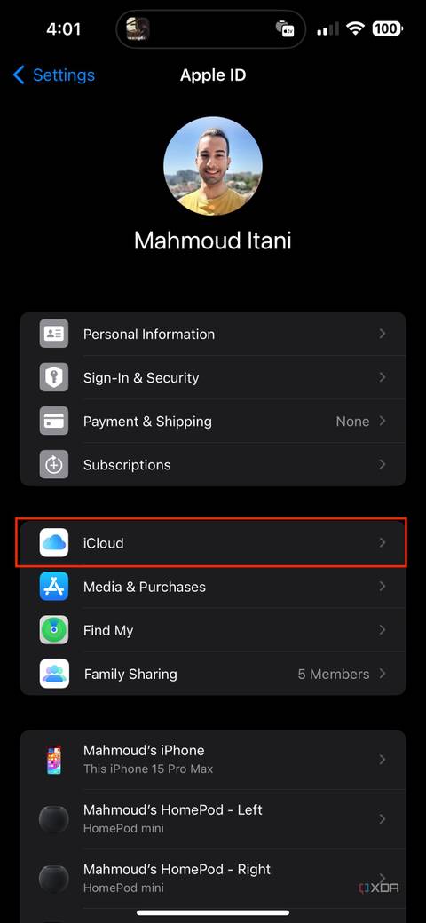 iCloud settings section on iOS with iCloud highlighted