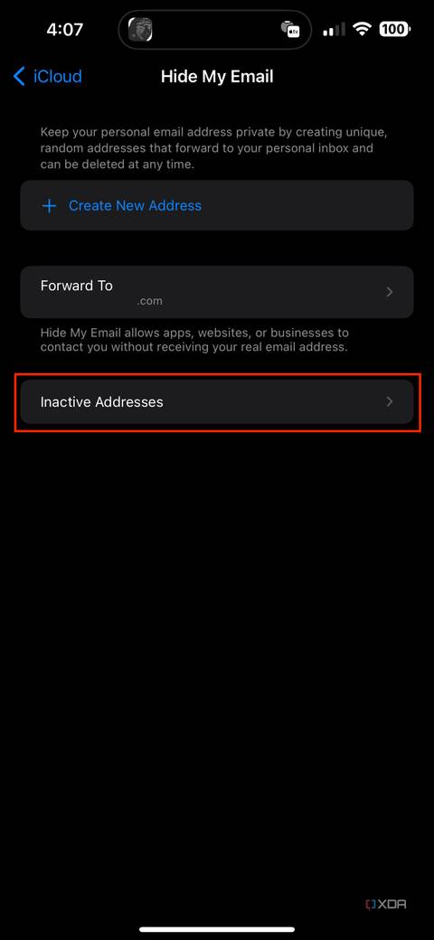 inactive addresses section in hide my email settings