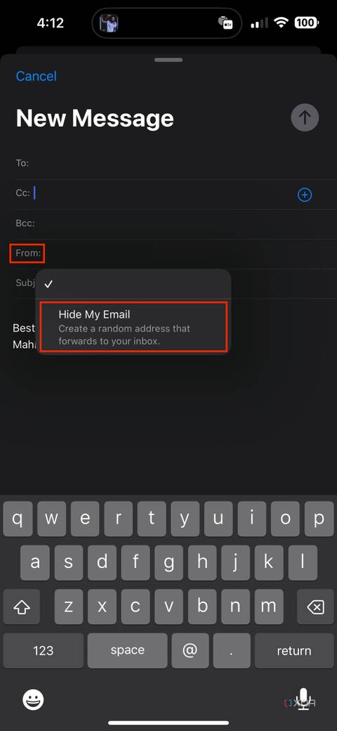 hide my email in the from field in mail app