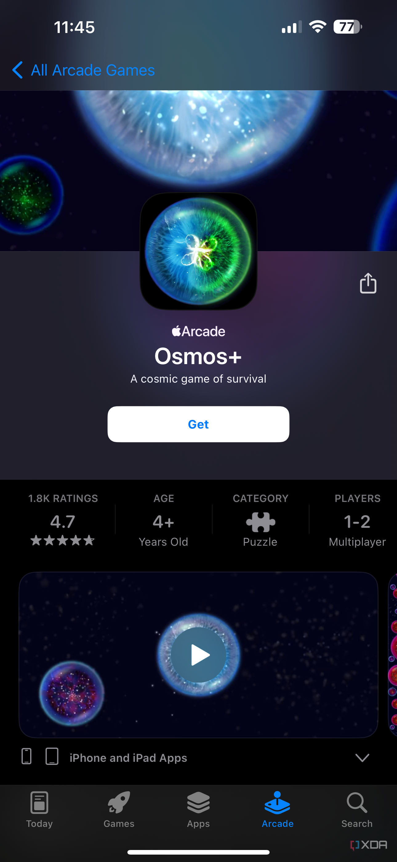 osmos+ listing on Apple Arcade