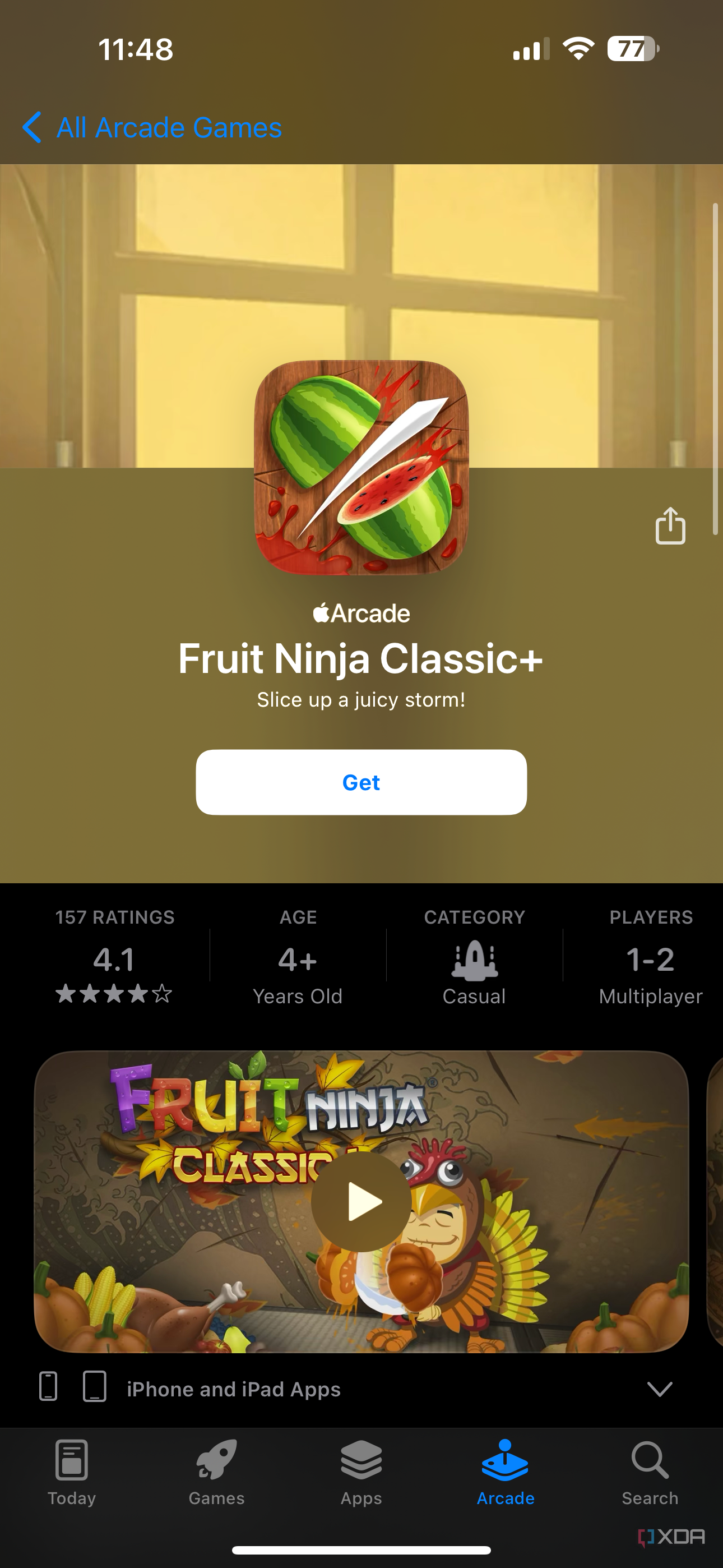 fruit ninja classic+ listing on Apple Arcade