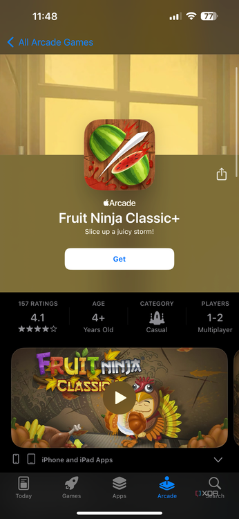 fruit ninja classic+ listing on Apple Arcade