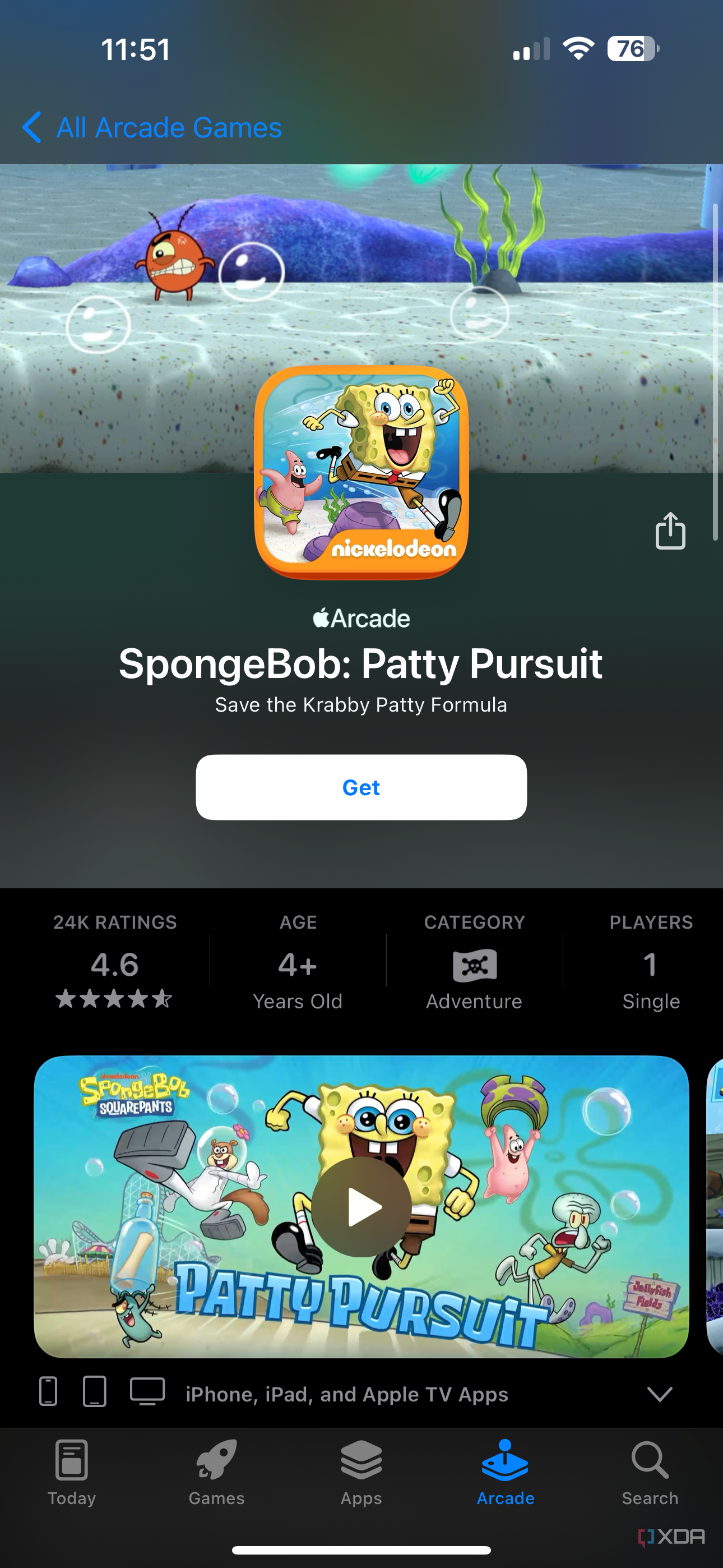 SpongeBob Patty Pursuit listing on Apple Arcade
