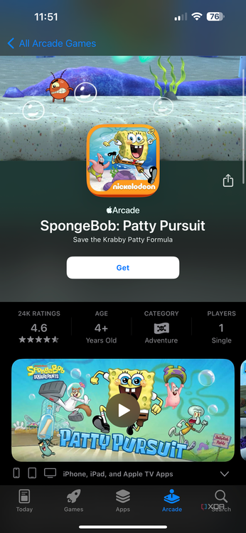 SpongeBob Patty Pursuit listing on Apple Arcade