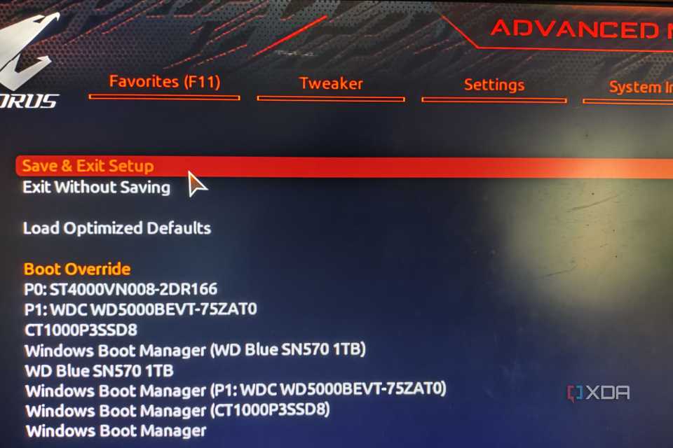 A screenshot of the Save & Exit Setup option in the BIOS