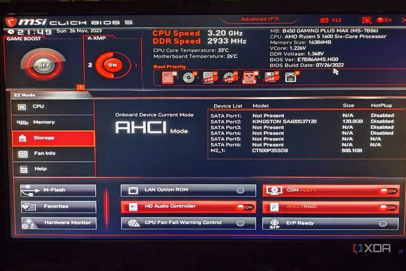 The MSI Click BIOS 5 with the storage drives highlighted