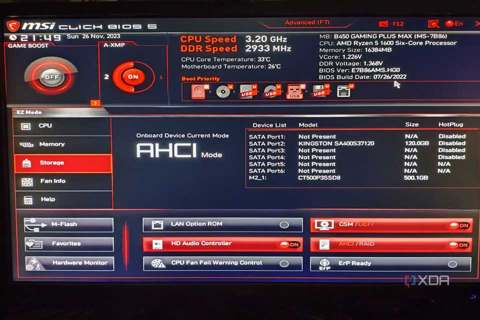 The MSI Click BIOS 5 with the storage drives highlighted