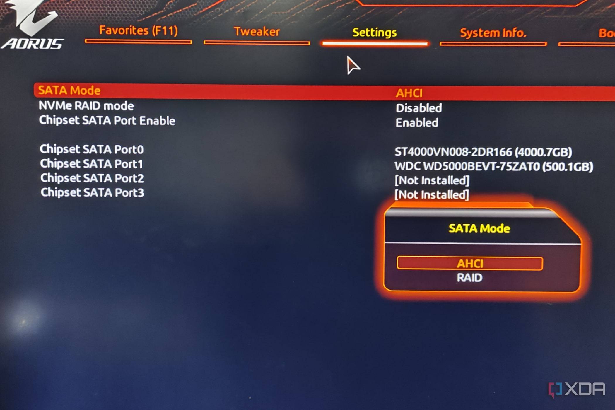 An image of Gigabyte Aorus BIOS with the SATA Mode settings