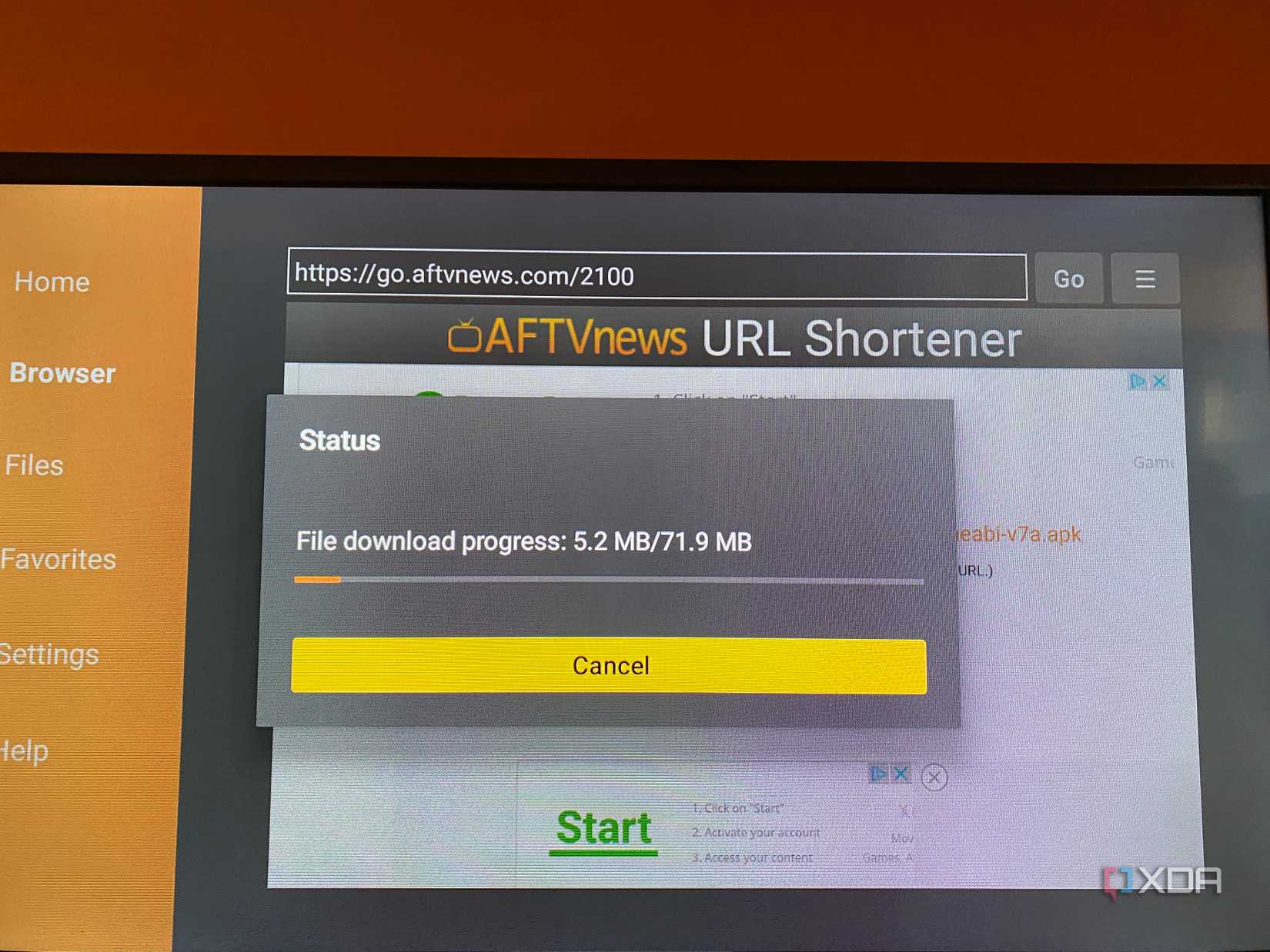 Amazon Fire TV running Downloader app and installing the Kodi app 