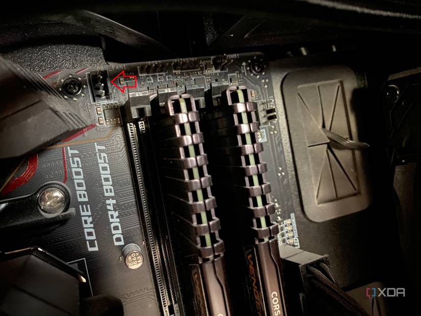 Arrow pointing to CPU fan connector on MSI motherboard