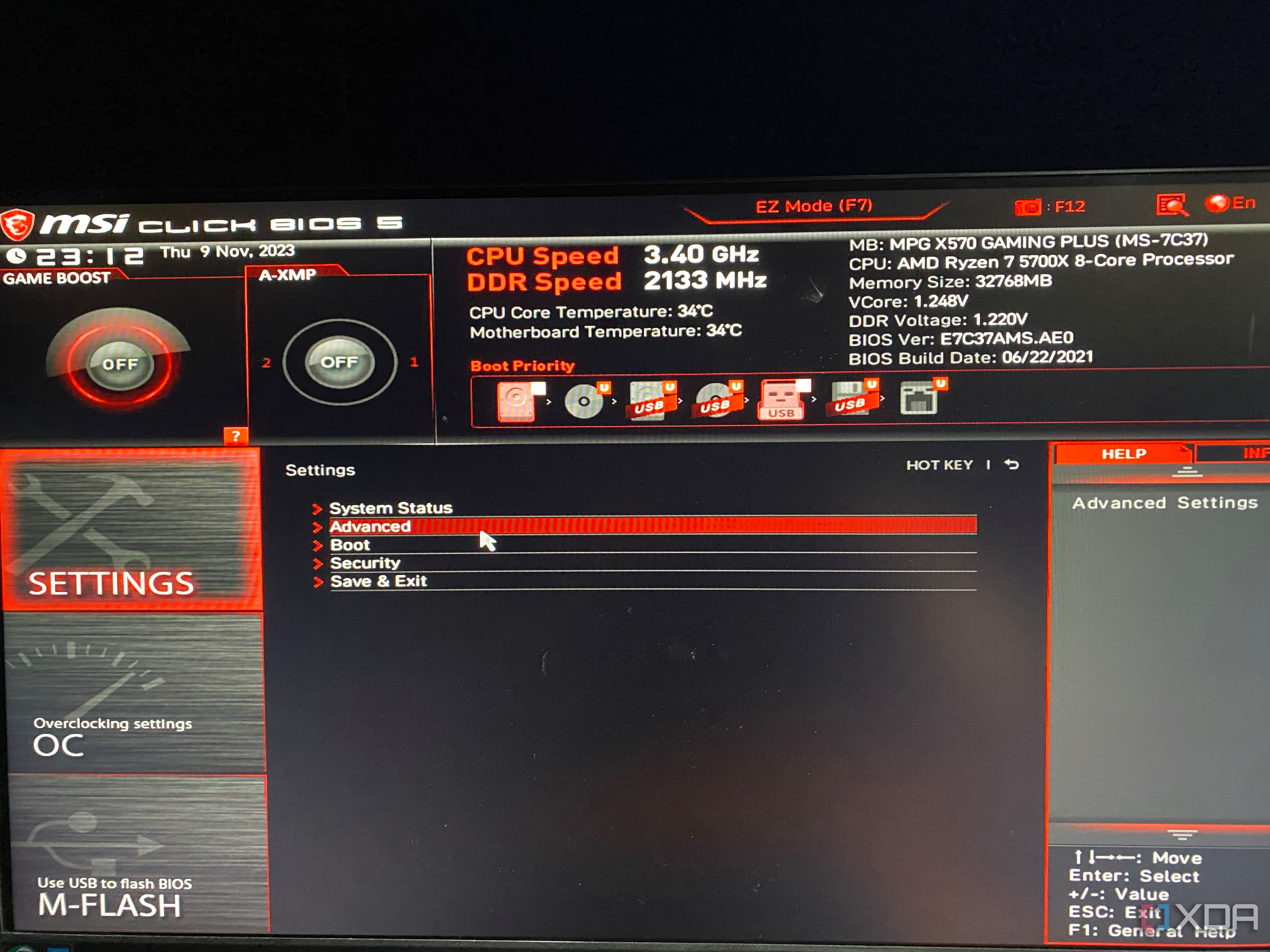 MSI Bios with Advanced selected