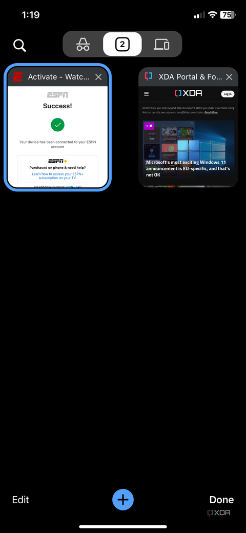 Chrome iPhone app with a tab selected