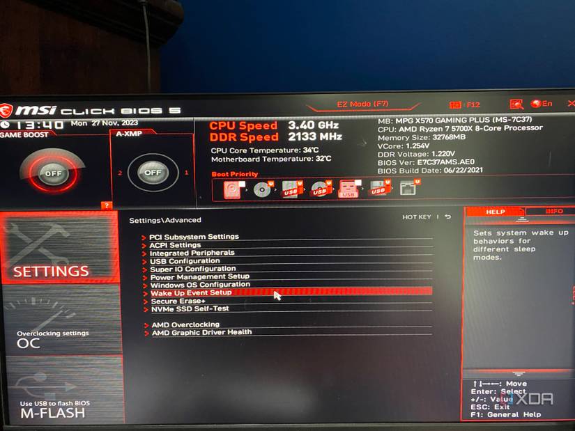Wake on LAN settings in MSI BIOS - Wake Up Event Setup