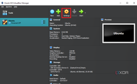 virtual box with ubuntu installed and settings highlighted