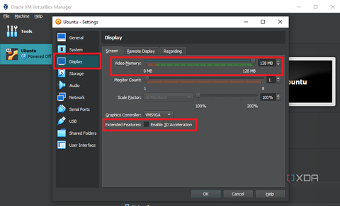 virtualbox display settings with video memory highlighted