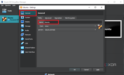 name of virtual machine in virtualbox general settings highlighted