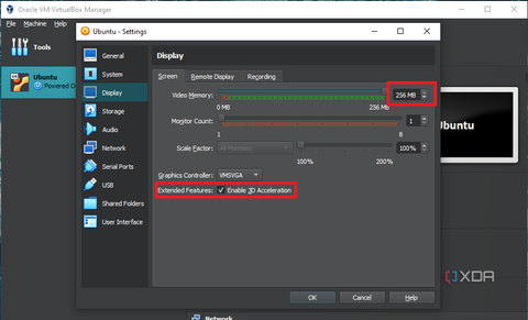 virtualbox video memory increased to 256mb and 3d acceleration enabled