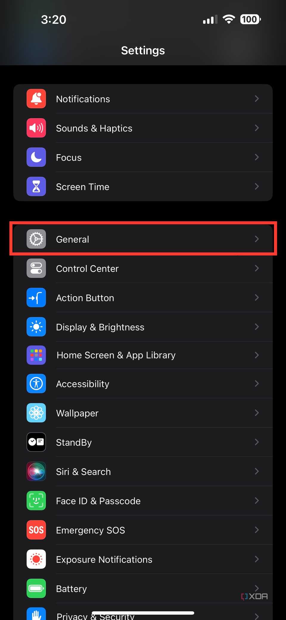 iPhone 15 settings page with General selected.