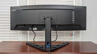 The Legion R45w-30 Monitor sitting on a desk showing the back of the monitor
