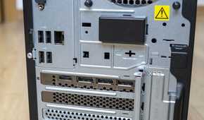 Close-up view of the rear ports on the Lenovo LOQ Tower 17, including four USB ports and RJ45 Ethernet, as well as three DisplayPort ports and one HDMI port on the GPU