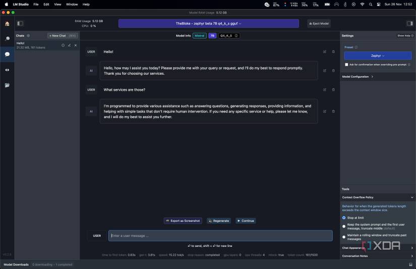 LM Studio Zephyr 7B's response, acting as a voice assistant