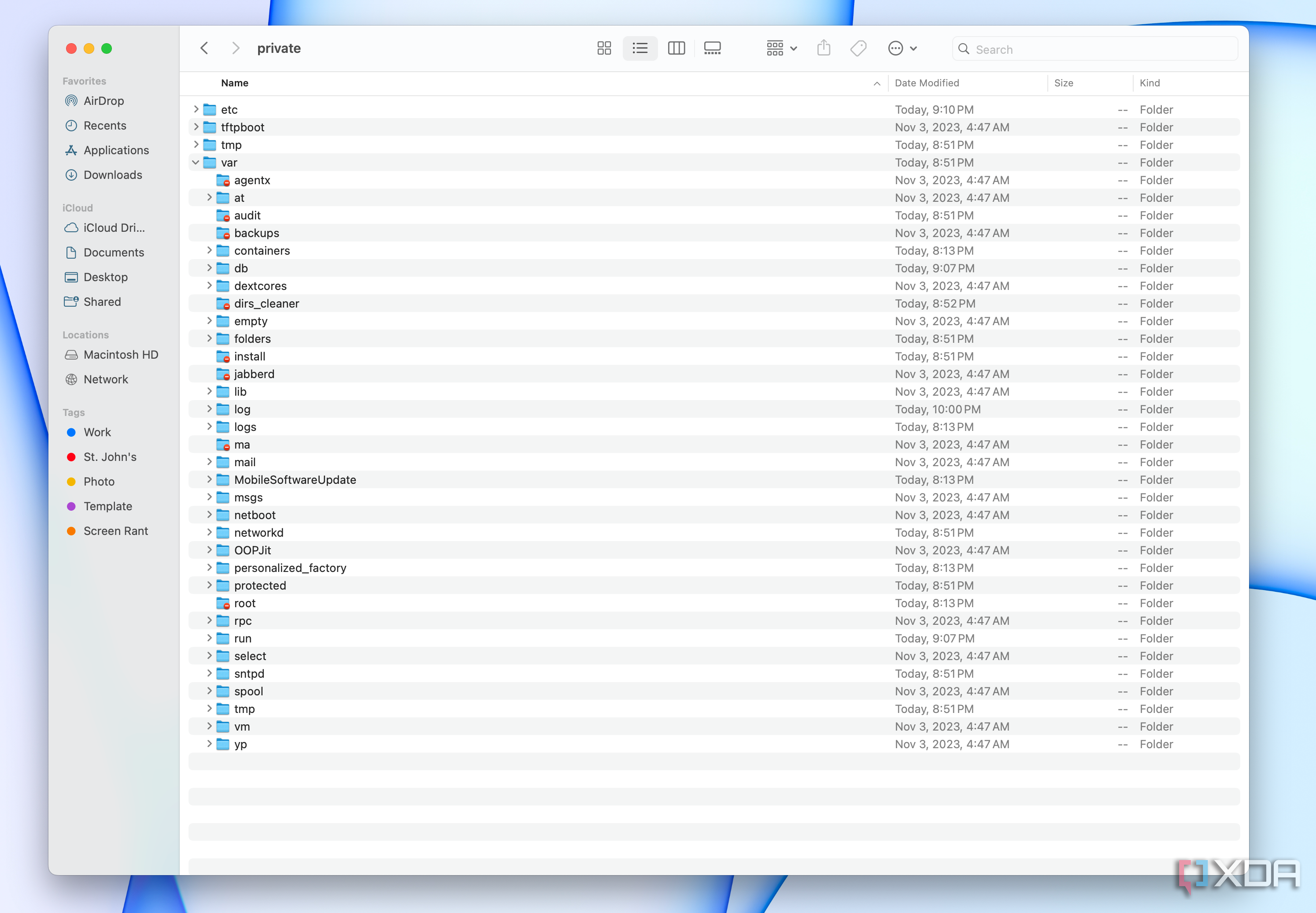 A file tree in Macintosh HD showing hidden files.