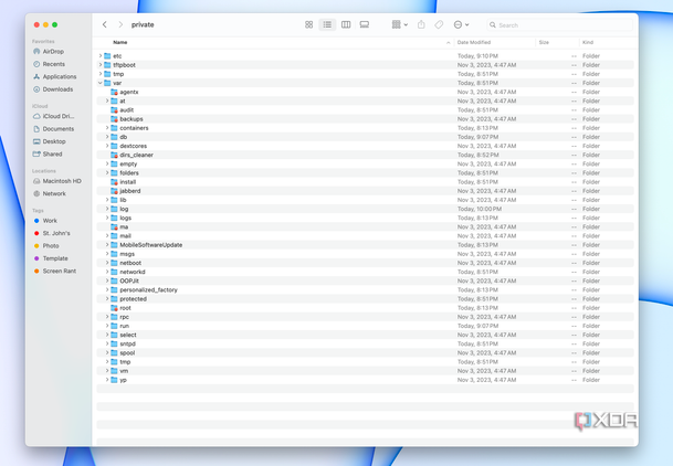 A file tree in Macintosh HD showing hidden files.