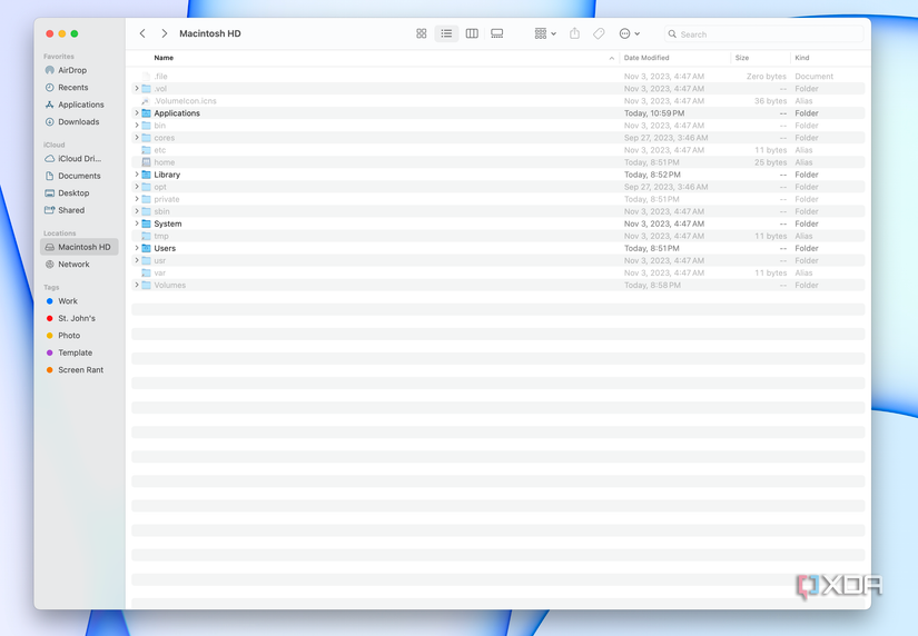 A file tree in Macintosh HD showing hidden files.