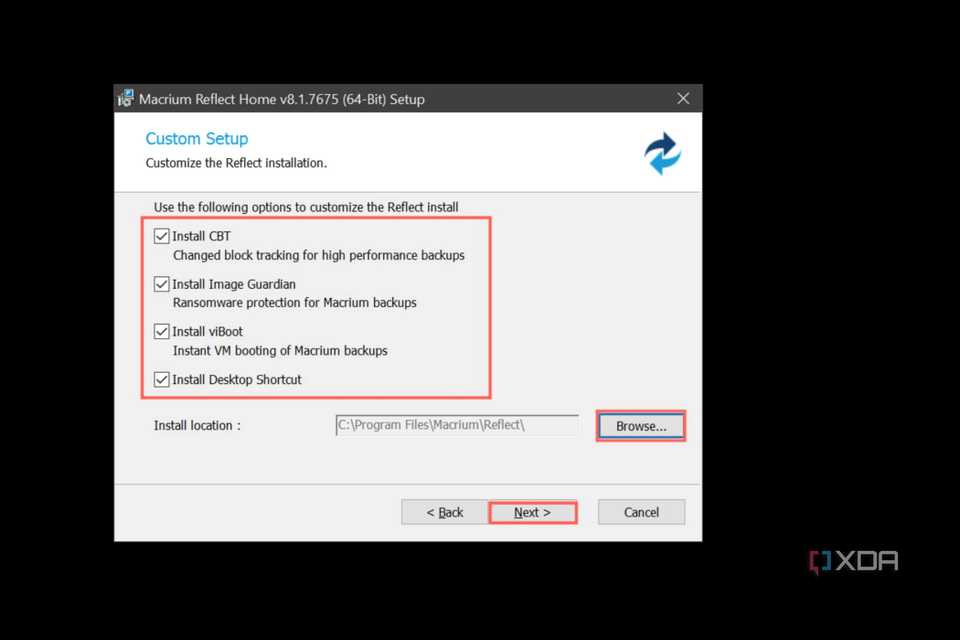 A screenshot of the Macrium Reflect installer with the custom setup settings highlighted