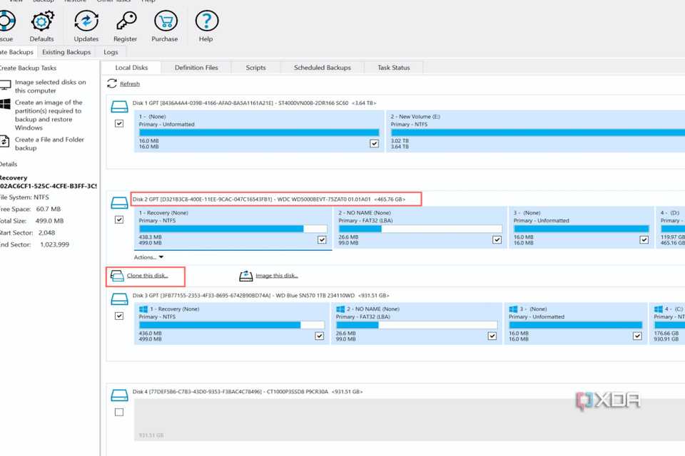 A sceenshot of Macrium Reflect with the source drive highlighted