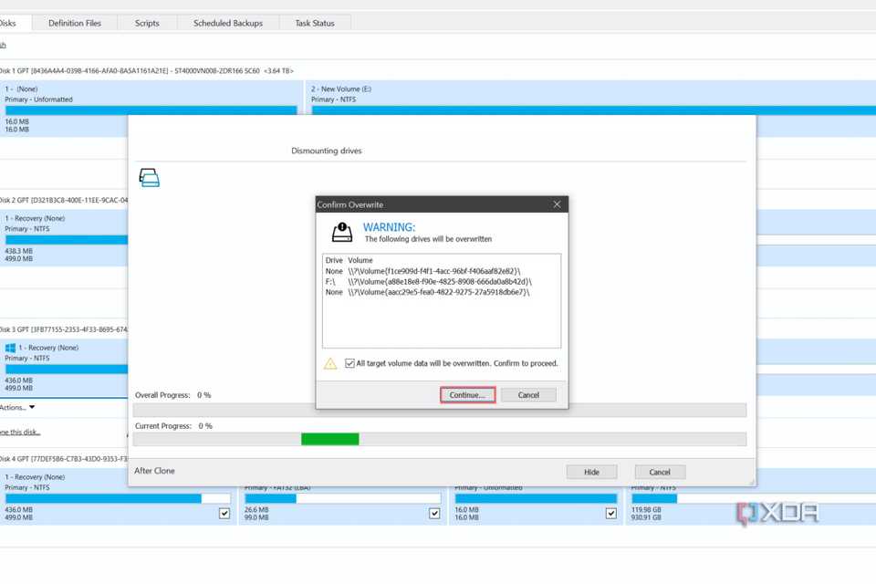 A screenshot of Macrium Reflect with the Confirm Override pop-up window highlighted