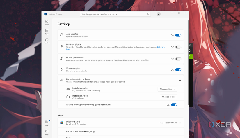 Screenshot showing Microsoft Store settings