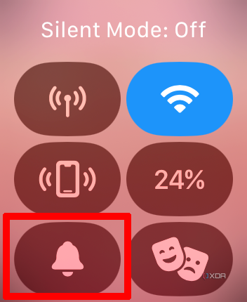 Apple Watch control center menu with silent mode selected but still off.
