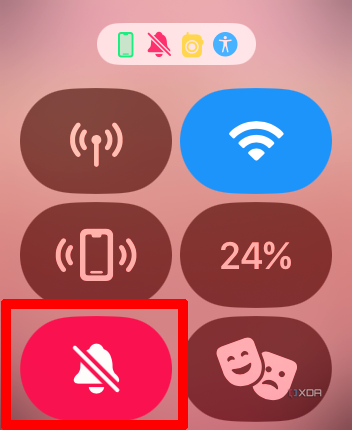 Apple Watch control center menu with silent mode selected and on.