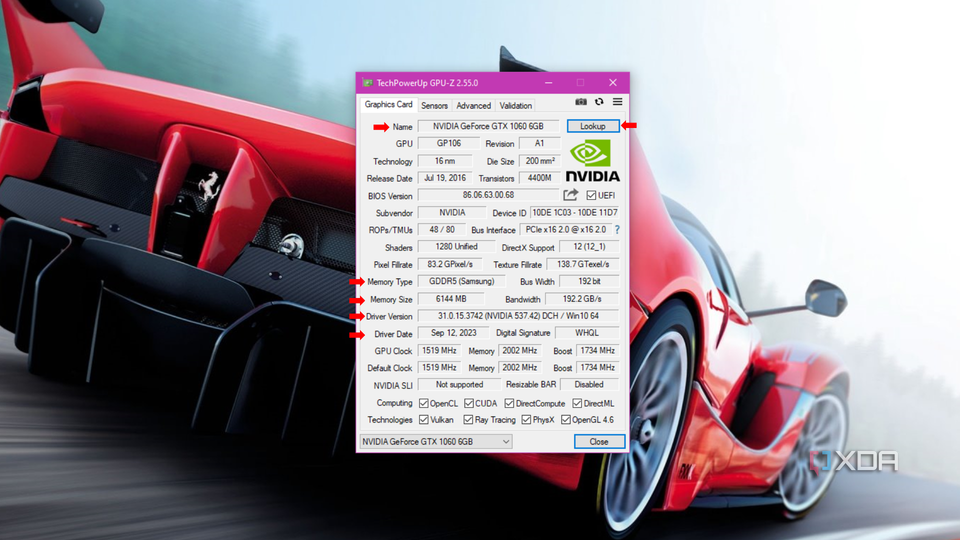 A GPU-Z application window open on the 'Graphics Card' tab showing detailed information about an NVIDIA GeForce GTX 1060 graphics card including its name, GPU, and technology details.