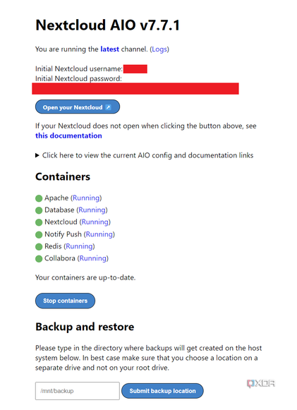 Nextcloud AIO containers started