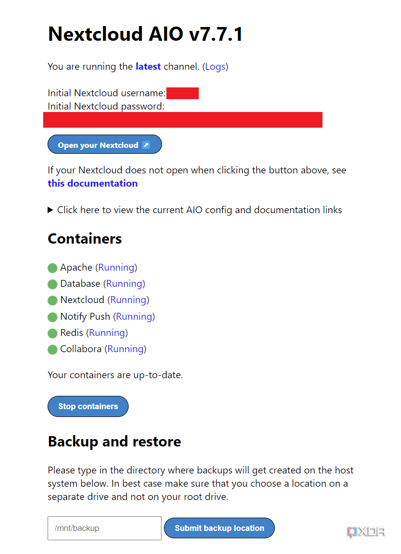 Nextcloud AIO containers started