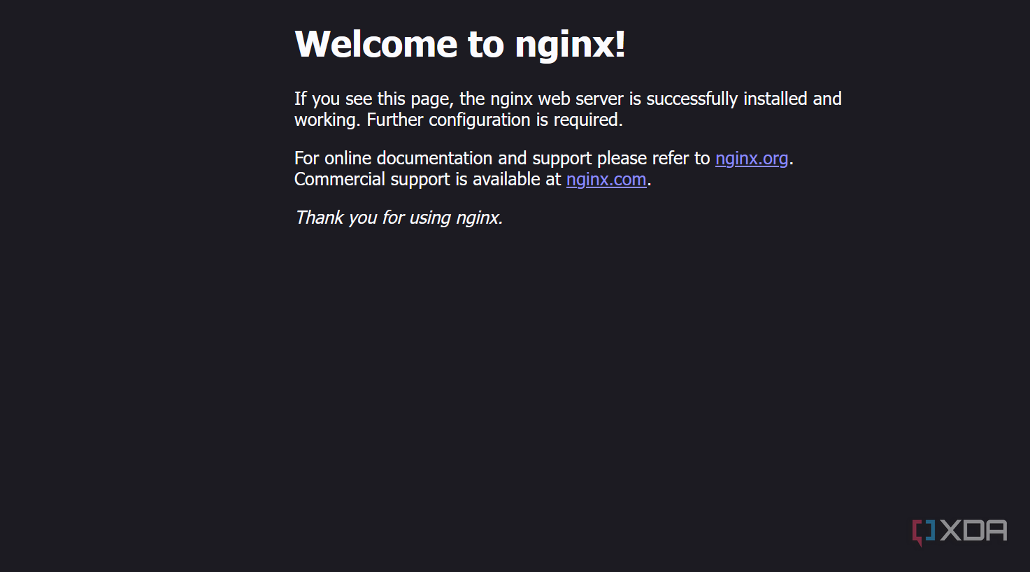 A Screenshot showing the 'Welcome to nginx' screen displayed when Nginx is first installed.