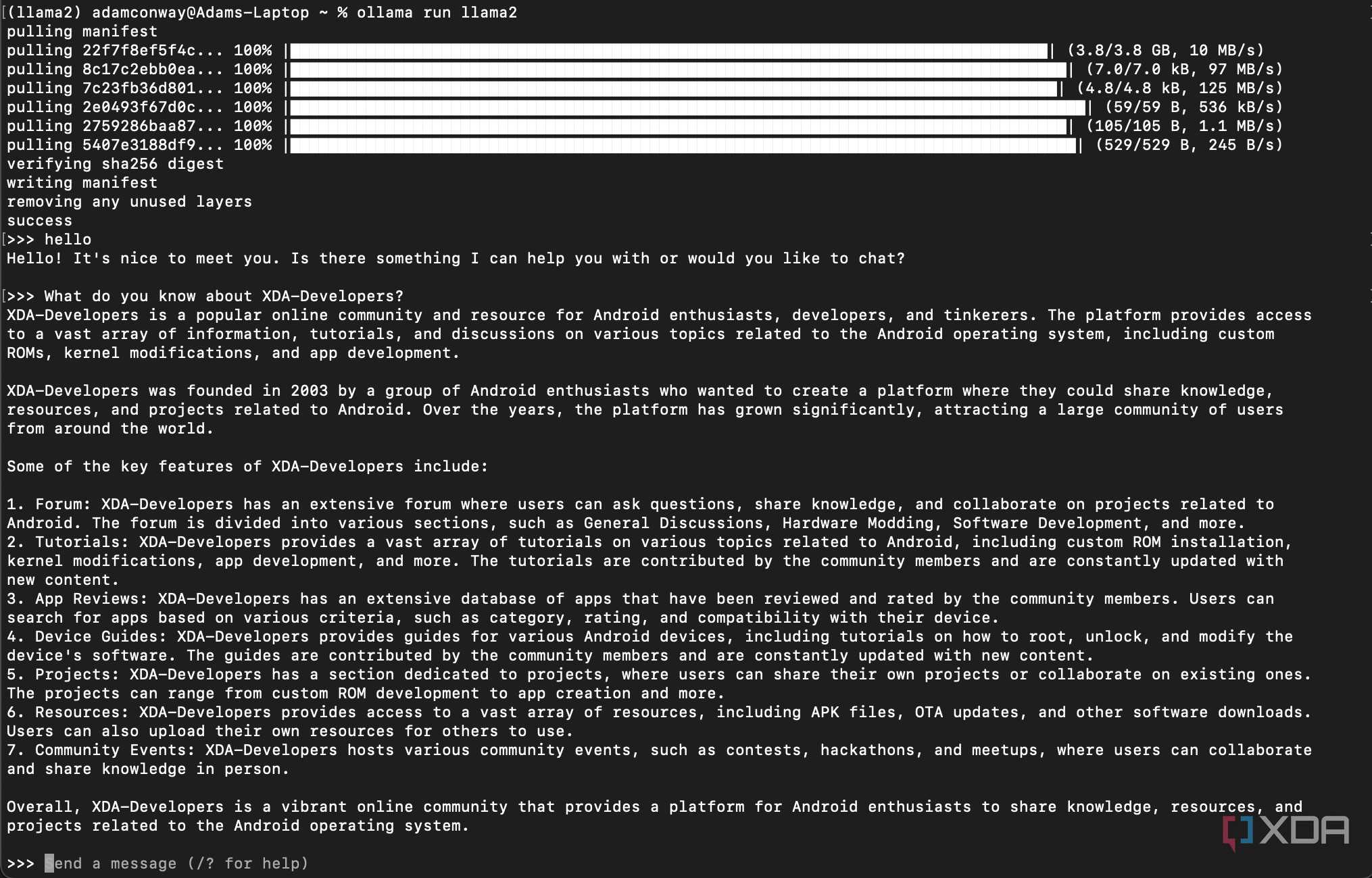 Running Llama 2 model and asking it about XDA-Developers