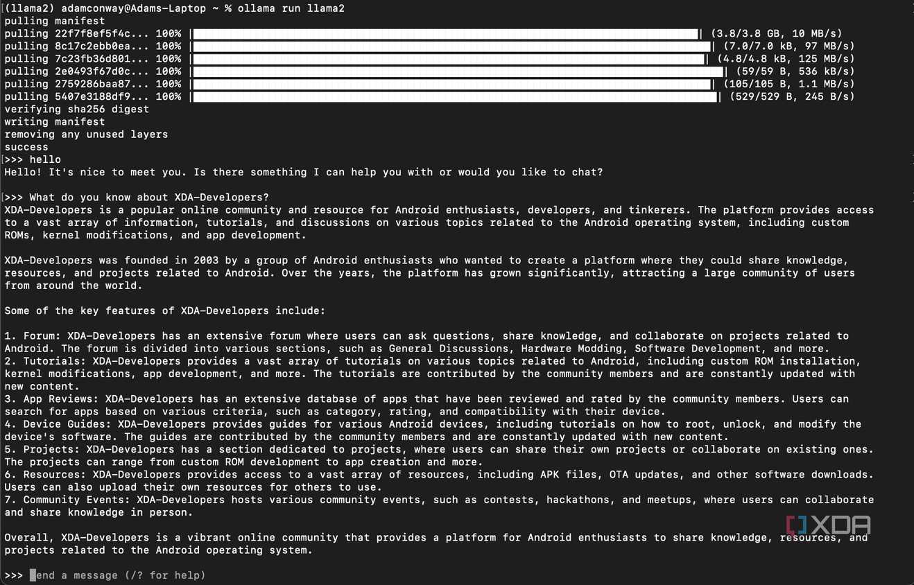 Running Llama 2 model and asking it about XDA-Developers