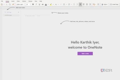 A screenshot showing the OneNote welcome page.
