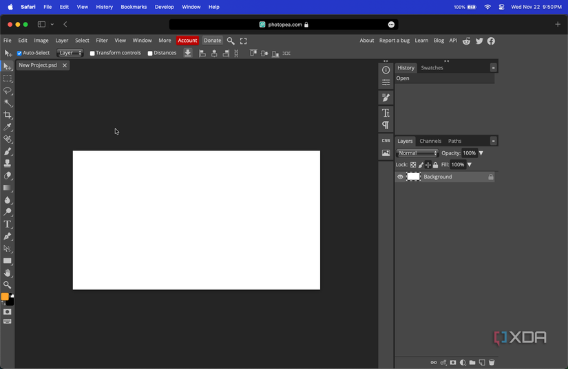 photopea website on macOS showing blank canvas