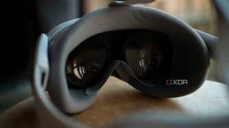 Pico 4 VR headset pancake lenses on the inside of the headset, as it rests on a stool